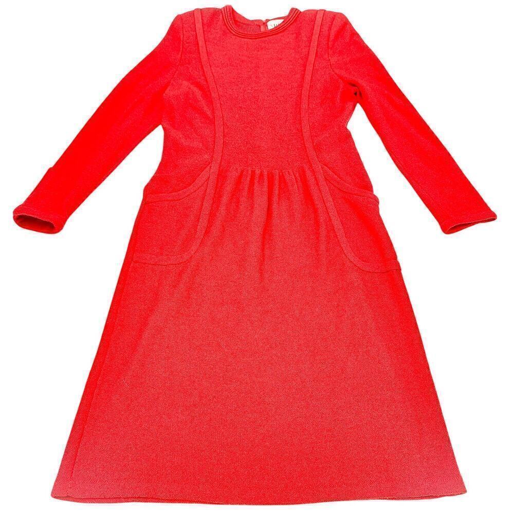 Adolfo Red Vintage Long Sleeve Modest Wool Dress Gold Buttons Size 8